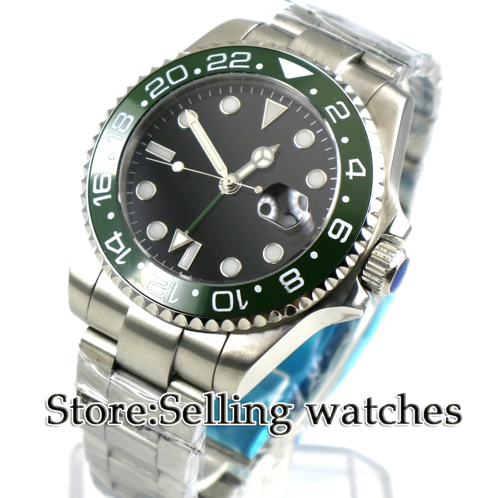 

43mm bliger black sterile dial Green ceramic bezel deployment clasp GMT date window sapphire glass automatic mens watch