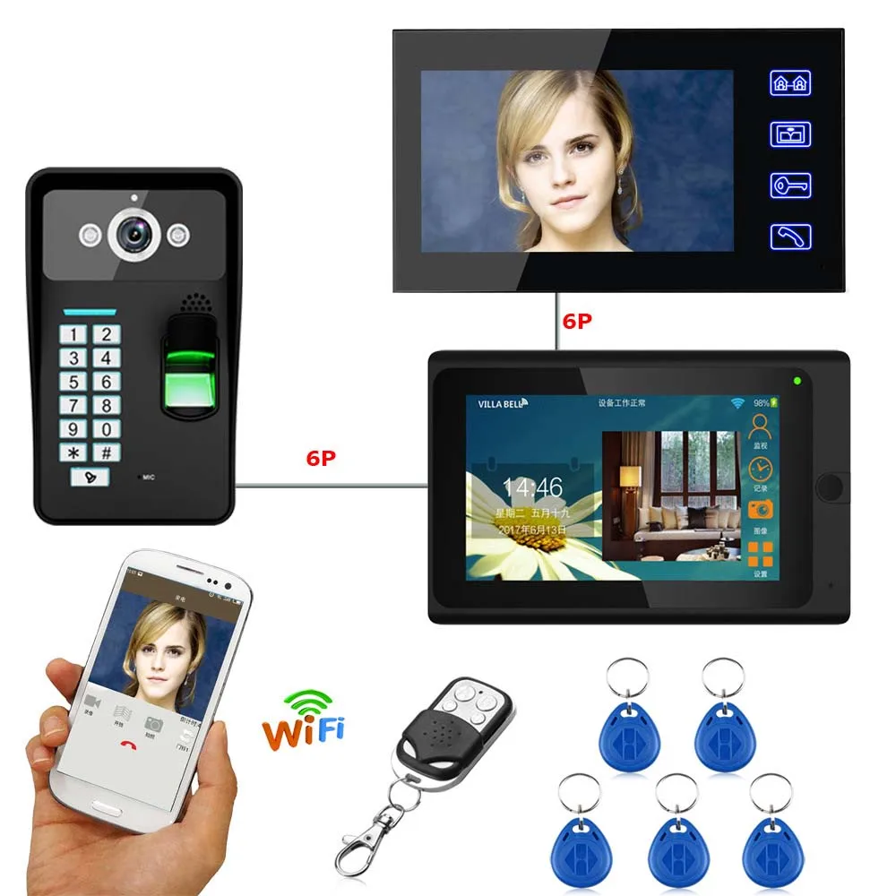 

2 Monitors Wired Video Door Phone w/t WIFI 7"touch screen Monitor.FRID Panel 1000TVL Camera,Intercom system Doorbel