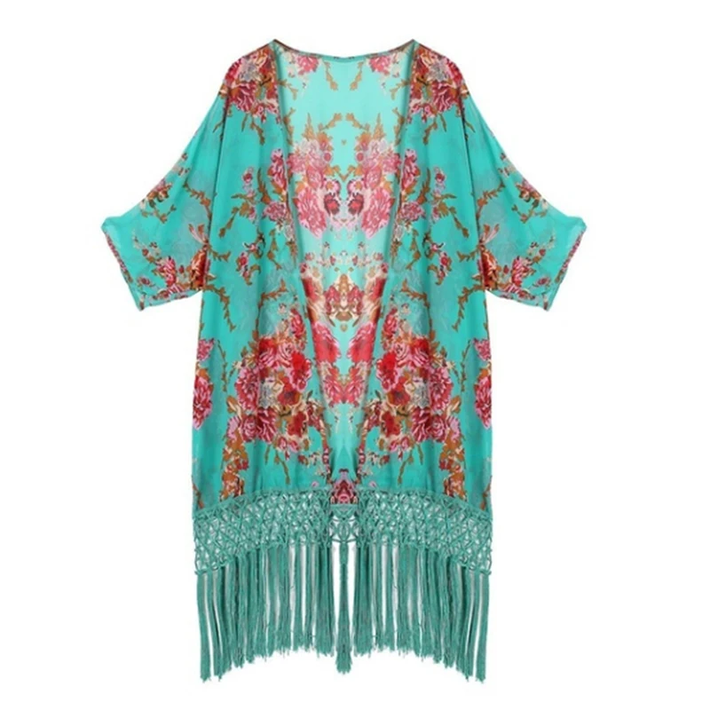 Женская Пляжная накидка Солнцезащитная одежда зеленая с бахромой кимоно