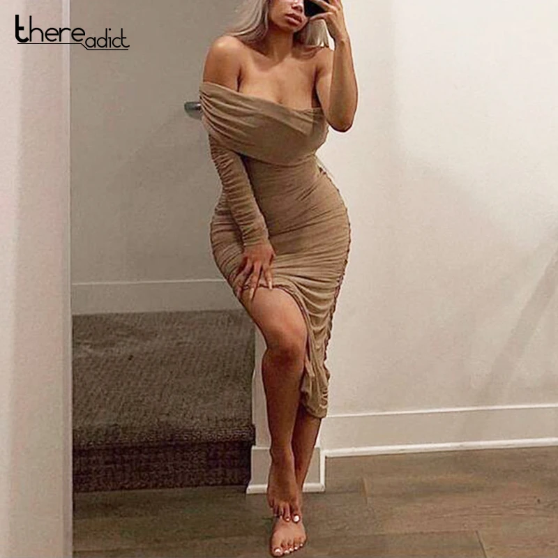 Женские Плиссированные Платья макси с одним рукавом и открытыми плечами