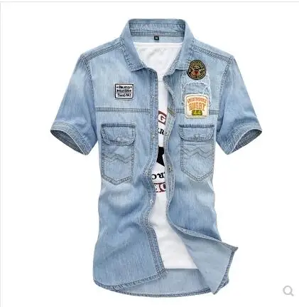 Light Blue Мужские синие джинсовые рубашки новые летние тонкие джинсовые рубашки с коротким рукавом хорошее качество мужские хлопковые повседневные рубашки ковбойские рубашки - Цвет: Light Blue
