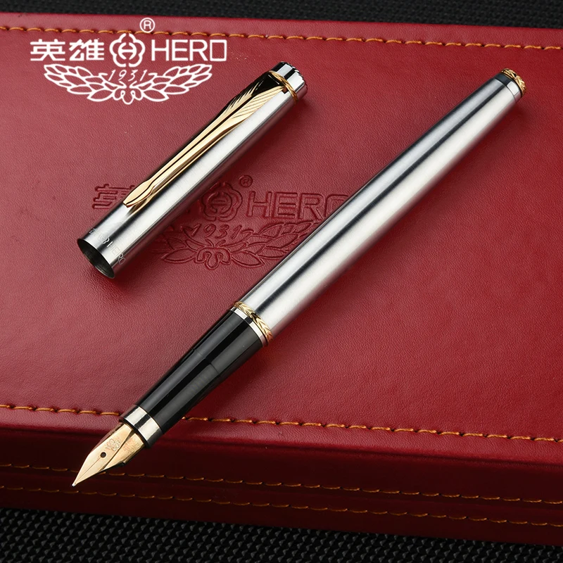 Hero 200A 14K Gold Collection Steel Fountain Pen All Steel Silver with Golden / Silver Clip Fine Nib 0.5mm Gift Pen and Gift Box