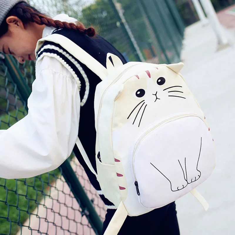 Lovely Cat Printing Backpack Women Canvas School For Teenagers Ladies Casual Cute Rucksack Bookbags(Creamy-White) | Багаж и сумки