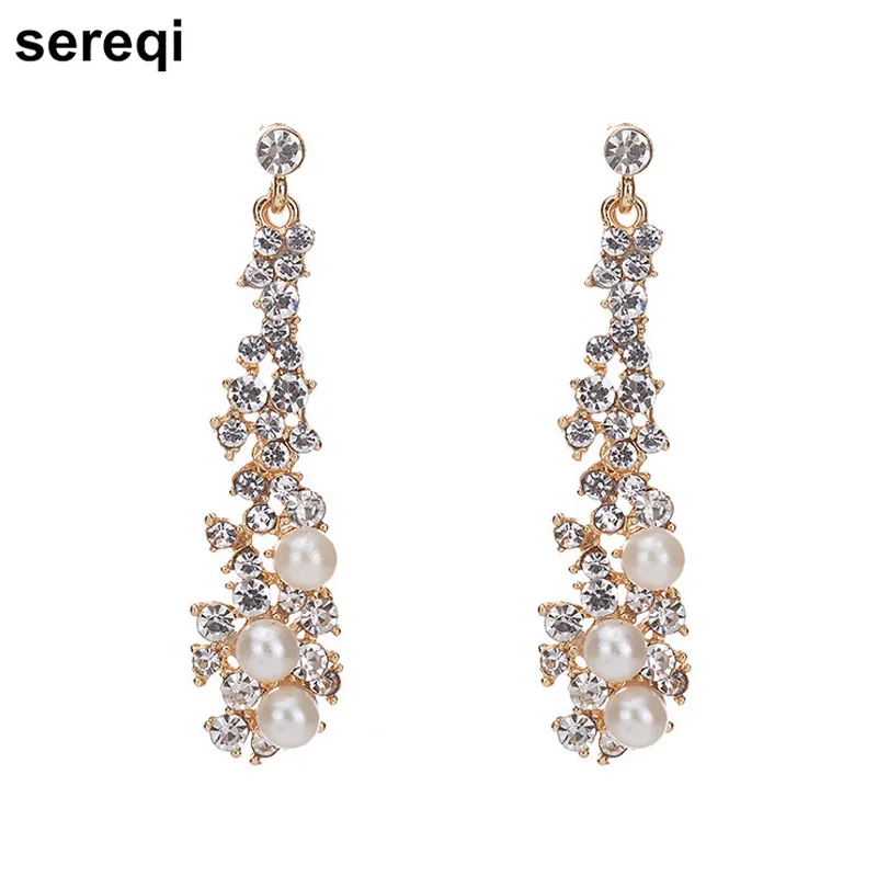 Sereqi брендовые длинные Серьги с жемчугом Для женщин Свадебные украшения кристалл