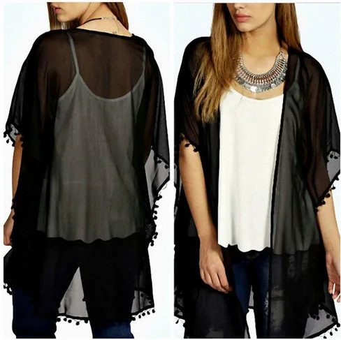 Женские шифоновые блузки до бедер черные кружевные кардиганы в стиле бохо с