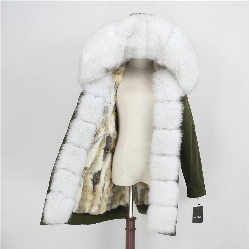 green white OFTBUY, пальто из натурального меха, зимняя куртка, Женская водонепроницаемая длинная парка, натуральный Лисий мех, воротник, капюшон, мех кролика, подкладка, верхняя одежда, съемная - Цвет: green white