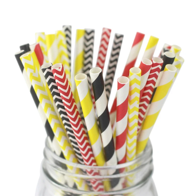 

150pcs Red Black Yellow Striped Wave Paper Straws Biodegradable Drinking Straws for Birthday Wedding Party Decorations