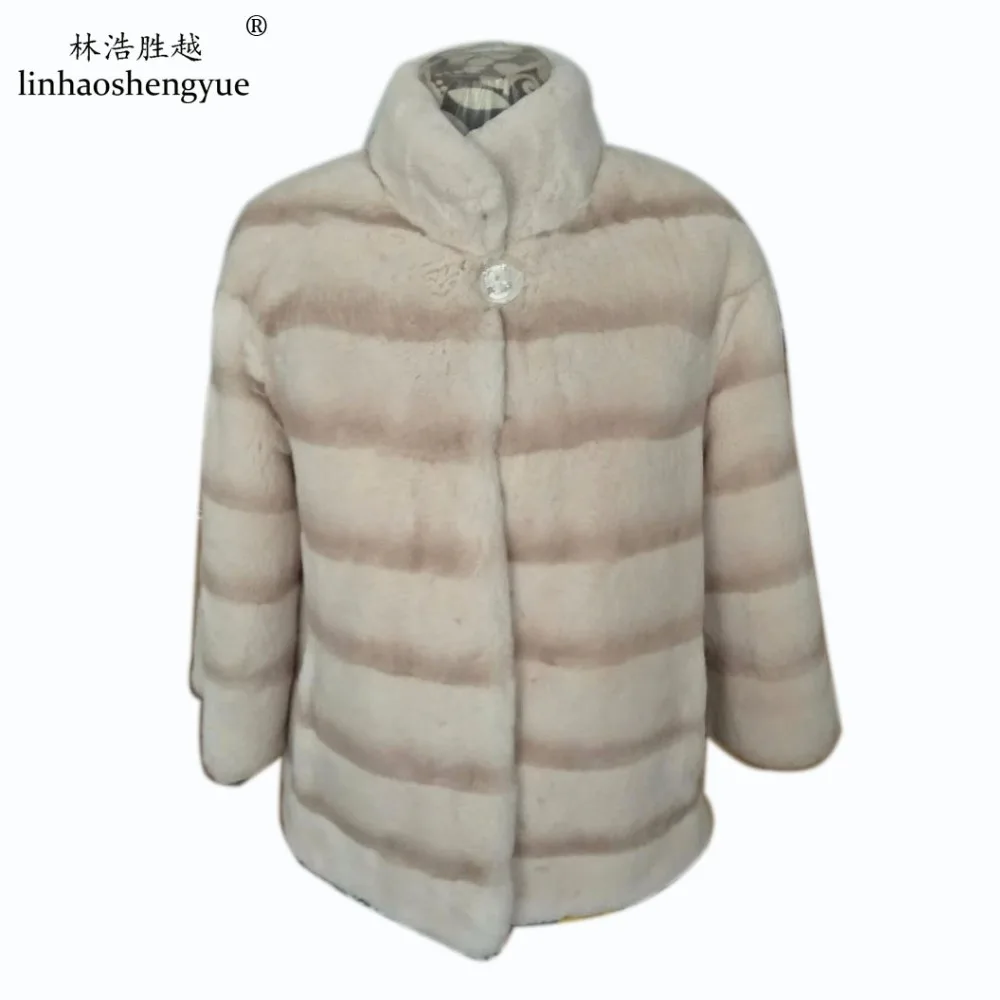 Linhaoshengyue   Real Rex Rabbit  Fur Coat Beige  Color 70cm  Long with Collar,Winter, Spring, Woman