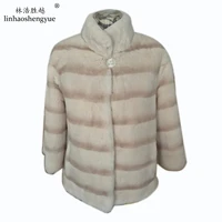 linhaoshengyue real rex rabbit fur coat beige color 70cm long with collarwinter spring woman