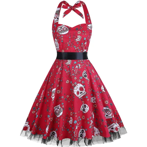 Red Skull OTEN 4XL женское платье с принтом в виде черепа пэтчворк с цветочным кружевом в горошек Ретро Винтаж в стиле кантри летнее платье,1950s Большой размер строп женское платье платье пляжное - Цвет: Red Skull