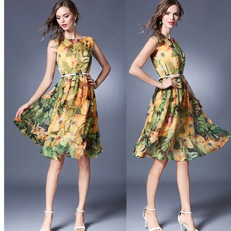 2017 лето женщины dress мода элегантный печати рукавов миди шифоновые платья vestidos |