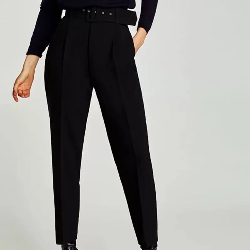 NEW Fashion Woman Black CREPE TROUSERS WITH Buckle BELT High Rise front pleats Back Sides piped pockets Long Pants
