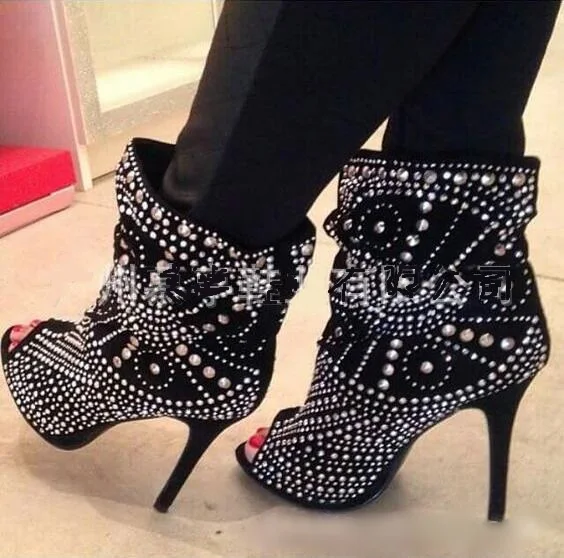 

Punk Style Studded Boots Women Peep Toe Black Leather Rivets Womens Ankle Boots Shoes High Heels Women Banquet Dress Shoes