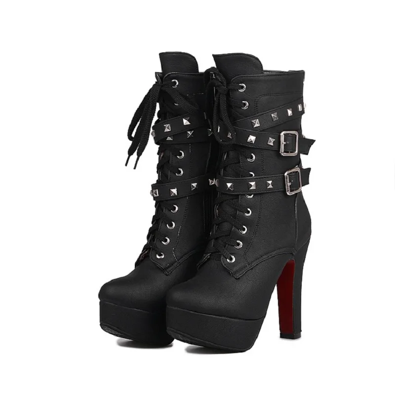 

Original Intention Stylish Women Ankle Boots Platform Rivets Round Toe Combat Boots Black Beige Nude Brown Shoes Woman Plus Size