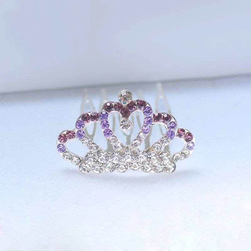 purple Красочные Rhinestone металла мини-Корона гребни для модная одежда для девочек с цветочным узором для девочек вечерние Тиара для волос аксессуары для волос - Окраска металла: purple