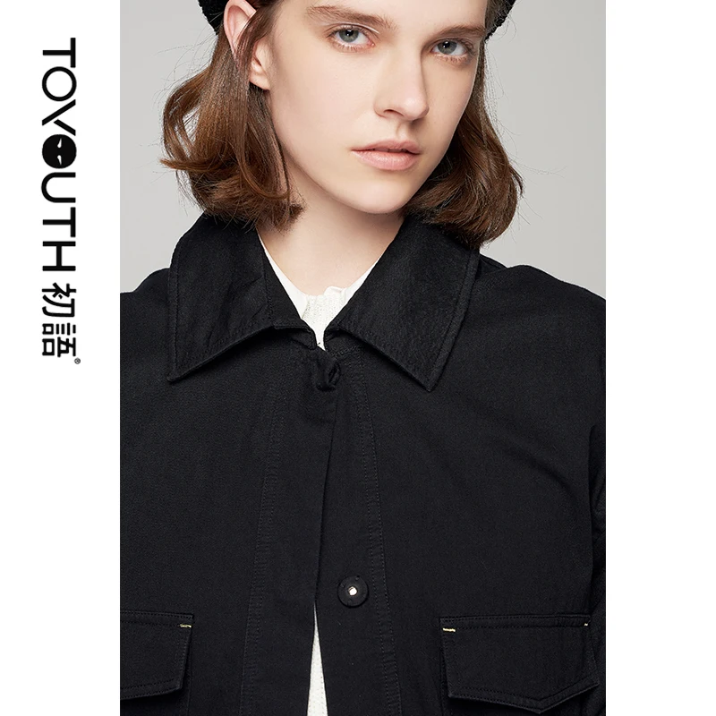 Toyouth New Autumn Black Single Breasted Long Trench Coat for Women Loose Button Collar Abrigos Mujer Manteau Femme|Женские плащи и