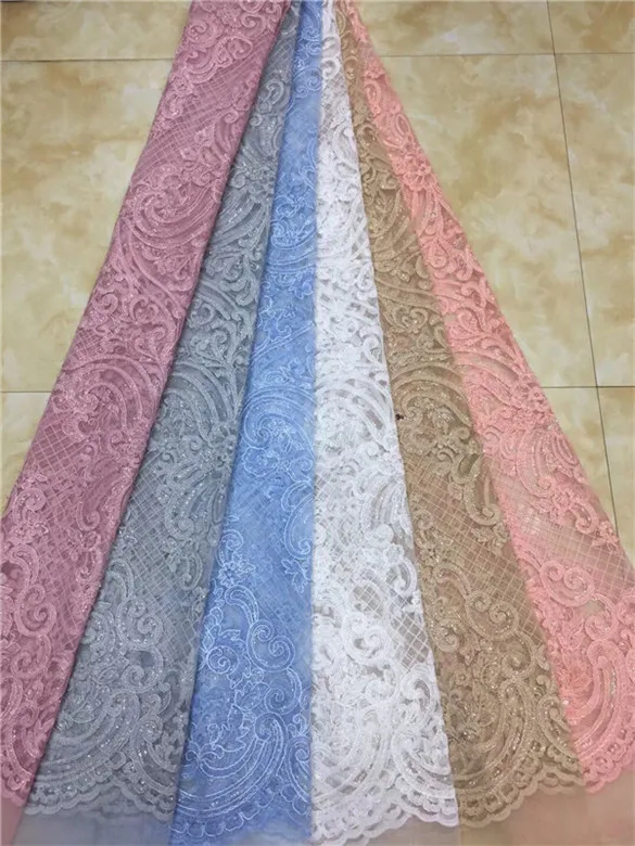 Fashion African Lace Fabric High Quality Pink Nigerian 2019 With sequins 5yards blue white | Дом и сад