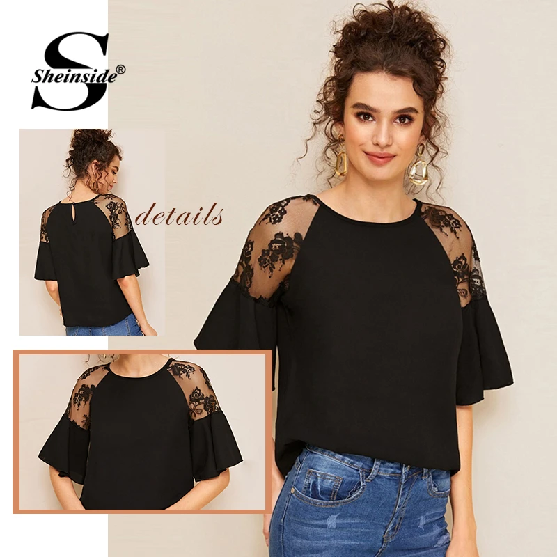 Sheinside Black Contrast Lace Trim Patchwork Blouse Women Summer Flounce Sleeve Blouses Ladies Solid Half Sleeve Top