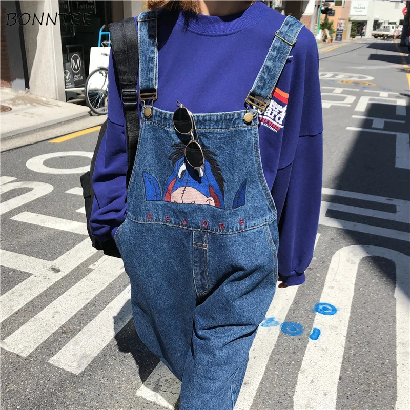 Женские комбинезоны, свободные, студенческие, с карманами, Kawaii, BF, Harajuku, женские, s, милые, шикарные, Мультяшные, с вышивкой, Ulzzang, джинсовые брюки на лямках