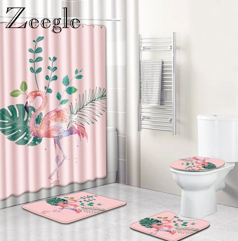 Фламинго узор Ванная комната коврик для ванной и душа Шторы 4 шт. Туалет ковер