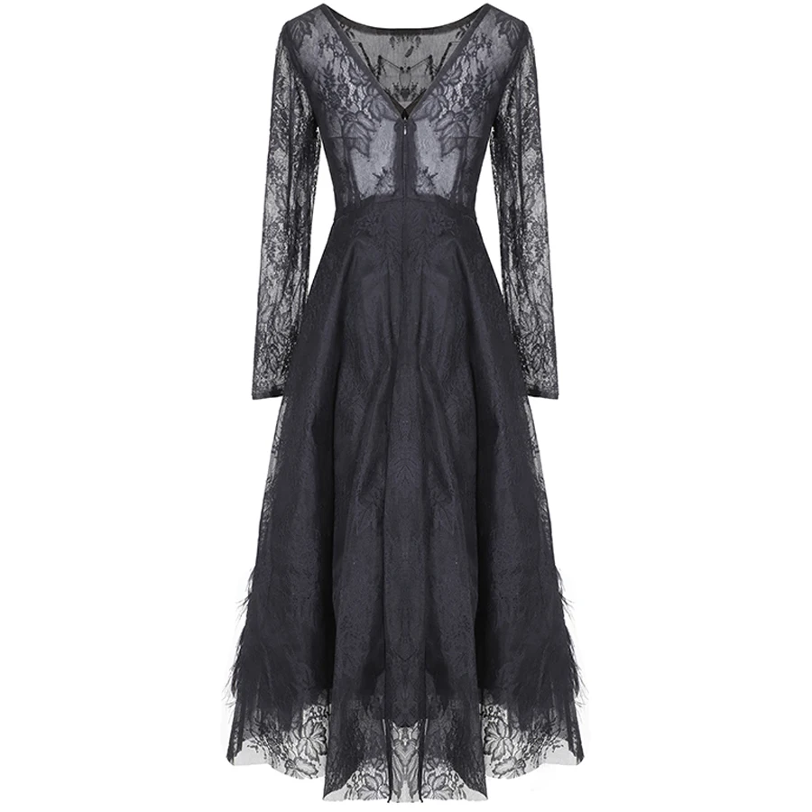 SEQINYY Blace винтажное платье Ранняя весна Женская Новая мода длинный рукав Кристальные перья o-образным вырезом до середины икры ТРАПЕЦИЕВИДНОЕ тонкое платье