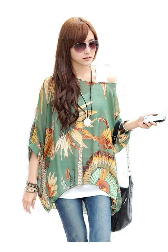 Womens Floral Batwing Sleeve Chiffon Beach Loose Blouse Tunic Tops | Женская одежда
