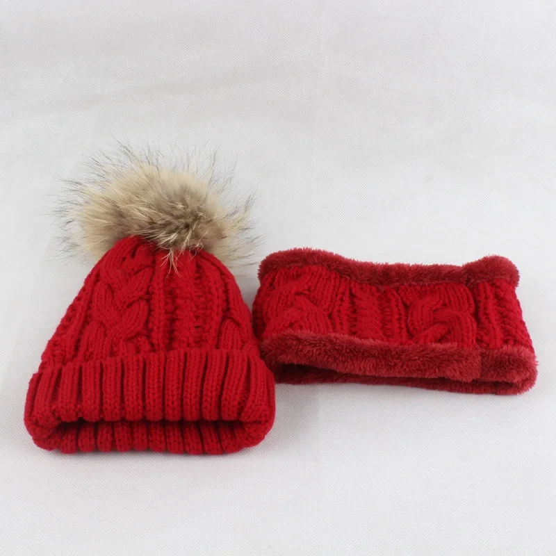 

Children Thick Acrylic Neck Rings and Beanies Hats Sets Child Real 15CM Raccoon Fur Pom Pom LF5156