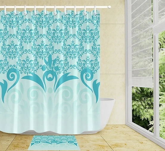Curtain and Mat Синий мятно Зеленый Красочные красивый узор Душ наборы занавесок крючки Водонепроницаемая занавеска для ванной полиэстер ткань ванная комната коврики - Цвет: Curtain and Mat