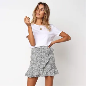 С леопардовым принтом завернутый юбка пикантная женская повседневная обувь с оборками, галстук-бабочка, vestido летняя блузка в стиле бохо курорт Офисные женские туфли оборками асимметричные юбки