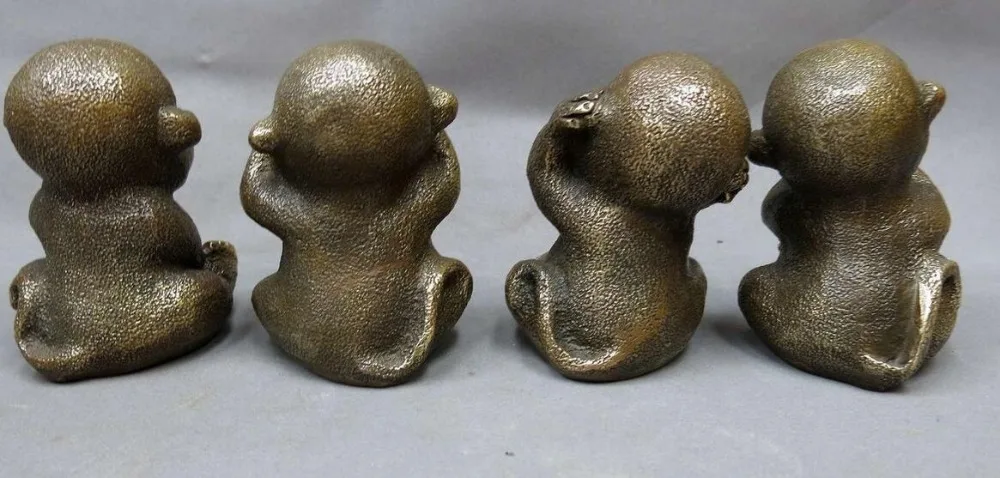 Китайская латунная скульптура резная медная статуя счастливая четыре обезьяны