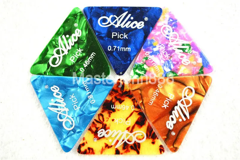

100pcs Alice Equilateral Triangle Colorful Pearl Celluloid Electric/Acoustic Guitar Picks 0.46/0.71/0.81mm Assorted Plastic Box