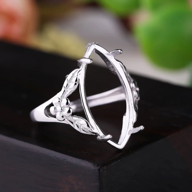 Sterling Silver Color 925 White Gold 10*20MM Cabochon Rings for Amber Opal Agate Turquoise Fine Jewelry Wholesale