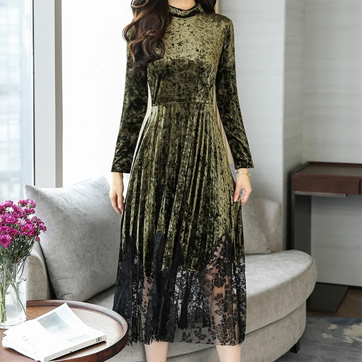 AIDAYOU 2018 на осень-зиму Новый руно бархатное платье Кружева Сращивания Длинные