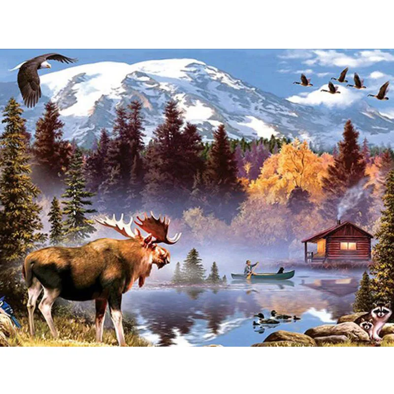 

Diamond Embroidery Elk with House Full Square Diamond Painting Cross Stitch Rhinestone Mosaic Decoration Sika Deer and Reindeer