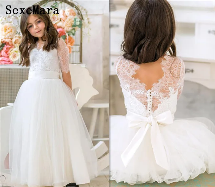 

White Puffy Flower Girl Dress for Wedding Half Sleeve Lace Girls Communion Dress Pageant Gown with Ribbon Size 2-14Y