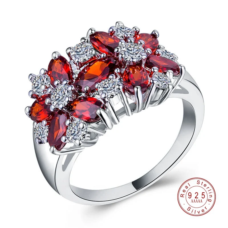 Garnet Чистая 925 пробы серебряные блестящие кольца для Для Женщин Девочек Блестящий CZ Кристал для свадьбы, помолвки ювелирные изделия Летняя распродажа - Цвет основного камня: Garnet