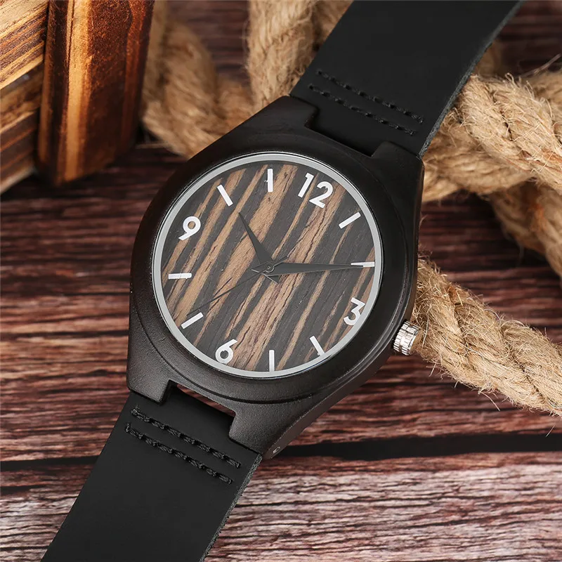 

YISUYA Top Band Bamboo Wood Wrist Watch Men Stripe Dial Quartz Creative Watches Black Genuine Leather Band Nature Wooden Watch