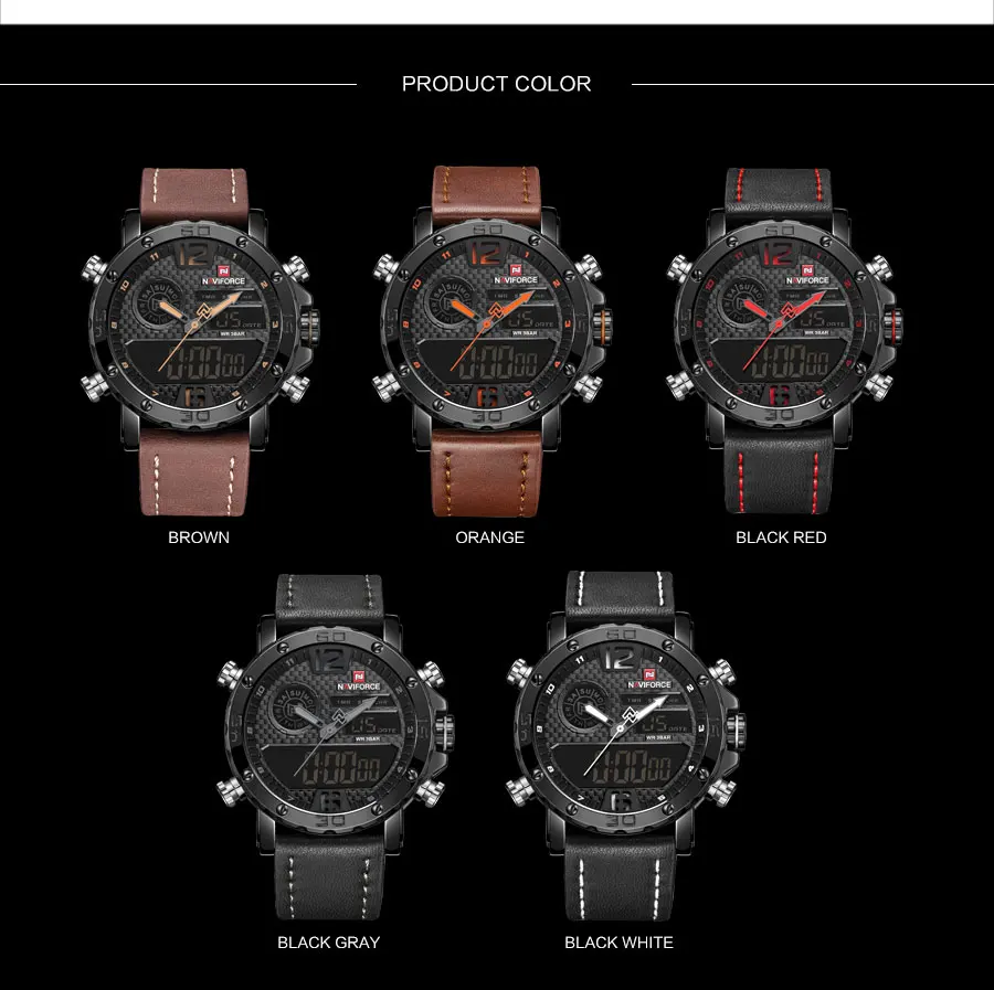 Модные часы NAVIFORCE, мужские, люксовый бренд, кварцевые наручные часы, мужские, повседневные, кожа, 30 м, водонепроницаемые, двойной дисплей, Relogio Masculino