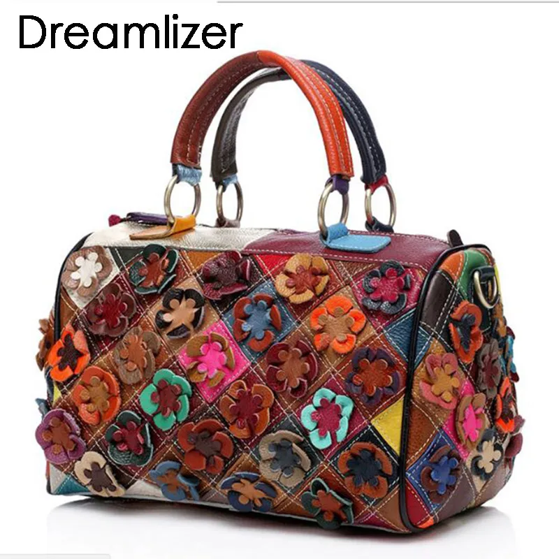 Brand Random Flower Pattern Women Genuine Leather Totes Bags Female Leather Handbags Women Messenger Bags Lady Shoulder Bags