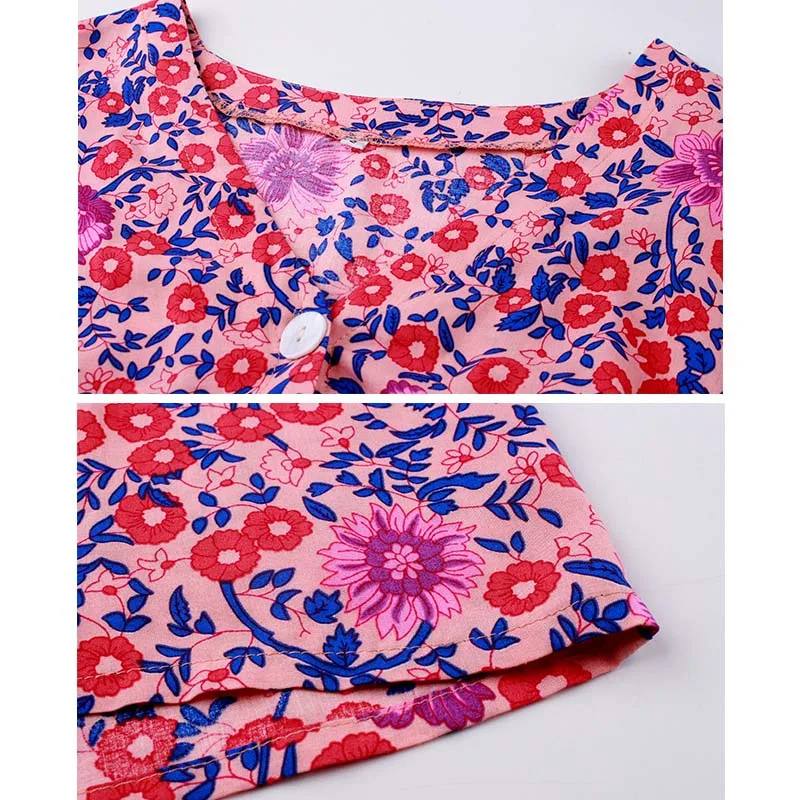 

Women Summer Autumn V Neck Flower Floral Print Button Loose Chiffon Shirt Big Three Quarter Sleeve Casual Tops