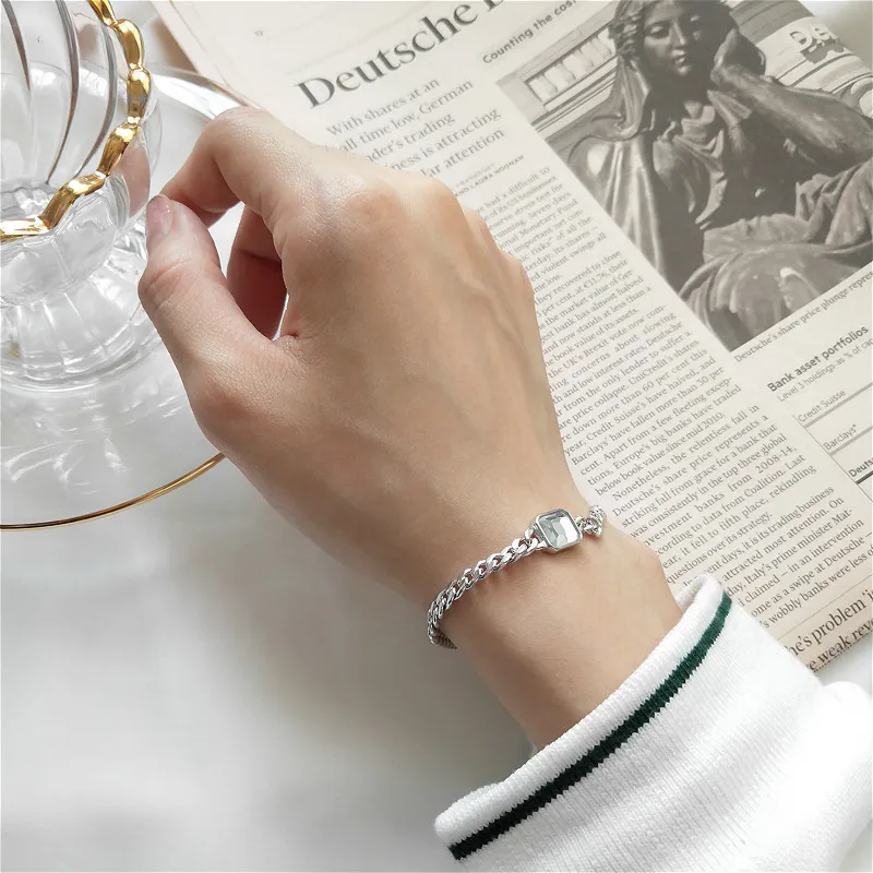 Flyleaf 925 Sterling Silver Bracelet Fashion Jewelry Charm Bracelets For Women Geometric Square Crystal Bracelets& Bangles