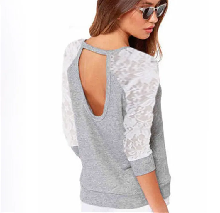 Blockbuster fashion long-sleeved lace stitching round-collar women's sweate hollow latest hit 2019 gray | Женская одежда