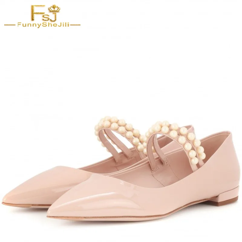 

Women Shoes Ladies 2022 Spring Autumn Blush Patent Leather Mary Jane Shoes Pointy Toe Flats With Pearl Plus Size 11 12 13