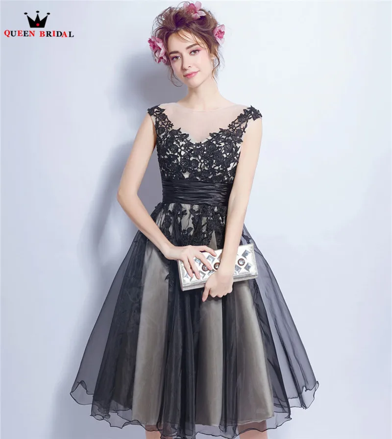 Черное платье для вечеринки Tea Length A-line V-neck Lace Tulle Short Black Elegant Evening Dresses Prom Party Dress Gowns Robe De Soiree NT46.
