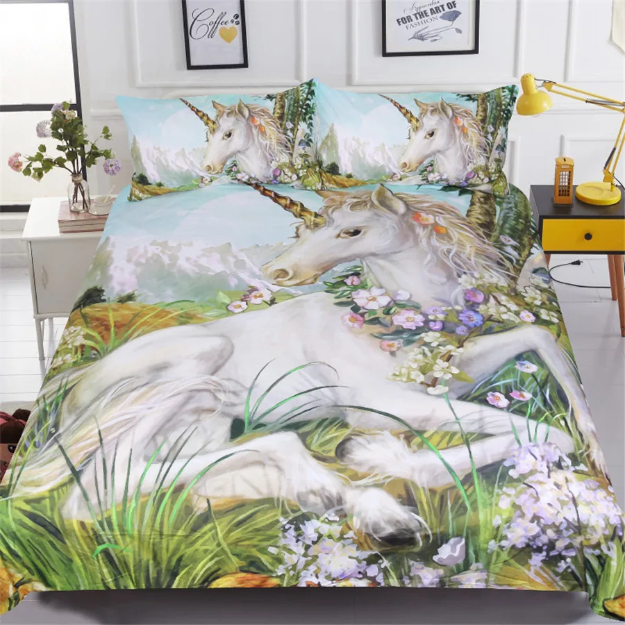 

White horse bedding sets 3pcs 3d unicorn printed comforter cover king queen twin sizes girls kids duvet cover sets Home textile