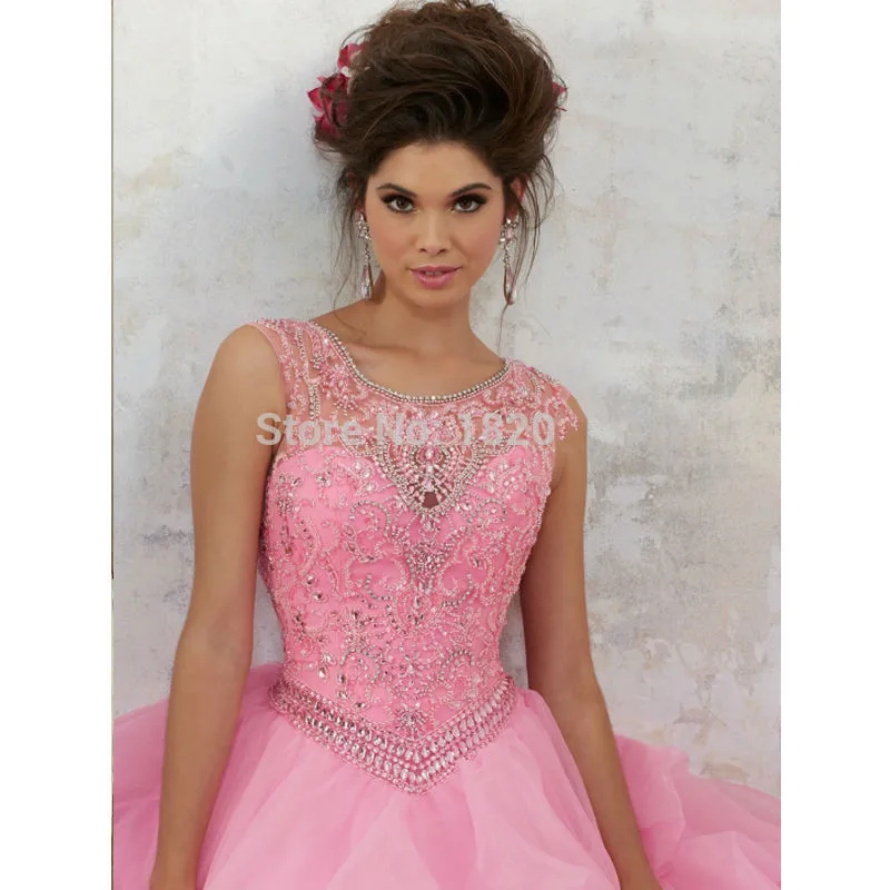 Розовый пышные Дешевые Quinceanera платья для женщин бальные платье с цельнокроеным рукавом органза оборками бисером кристаллы сладкий 16