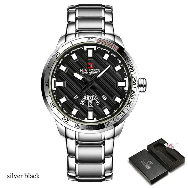 silver black box NAVIFORCE брендовые кварцевые часы мужские спортивные часы мужские черные календарь из нержавеющей стали 30 м Водонепроницаемые наручные часы Relogio Masculino - Цвет: silver black box
