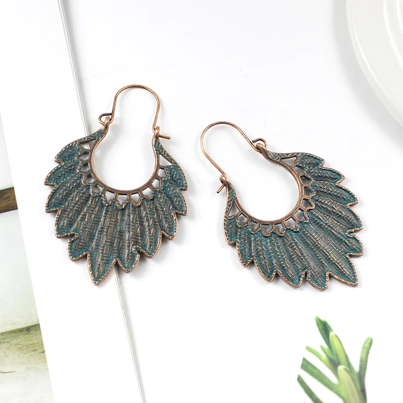 GDHY Bohemian Bronze Large ring Green Leaf Tassel Drop Earrings For Women Natural Real Leaf Earrings New Fashion Jewelry Gift