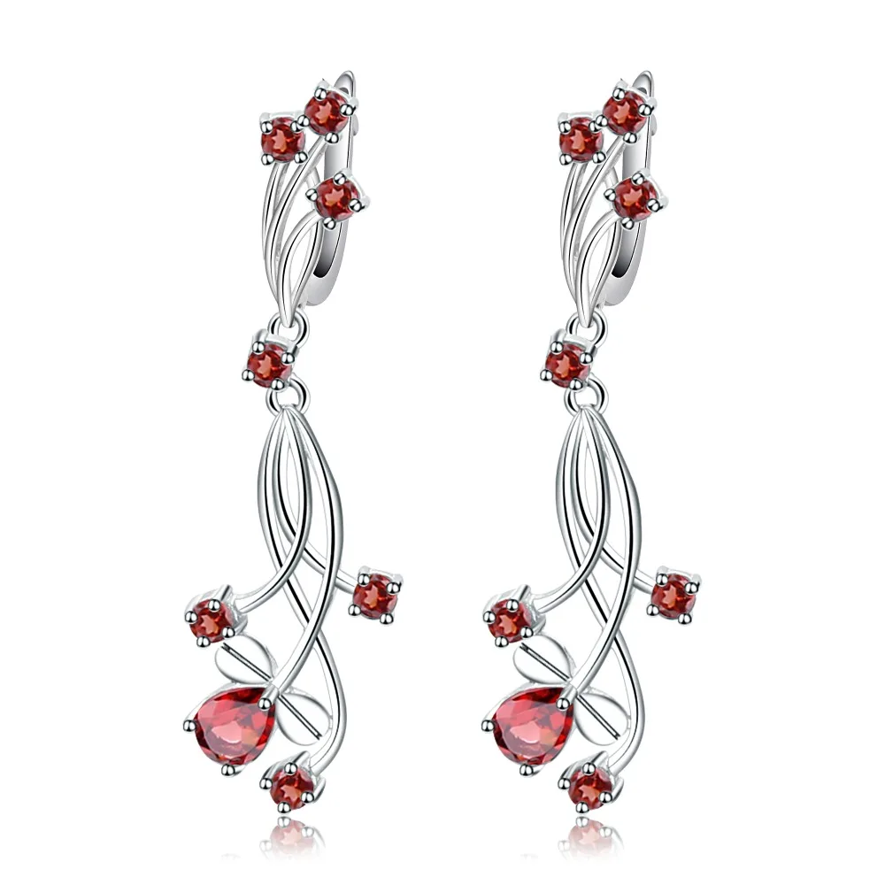 Серьги-подвески женские из серебра 925 пробы с натуральным красным гранатом |