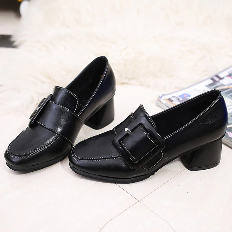 The spring of 2017 new British style square thick shoes buckle with documentary girls shoe side deep all-match High-heeled | Обувь